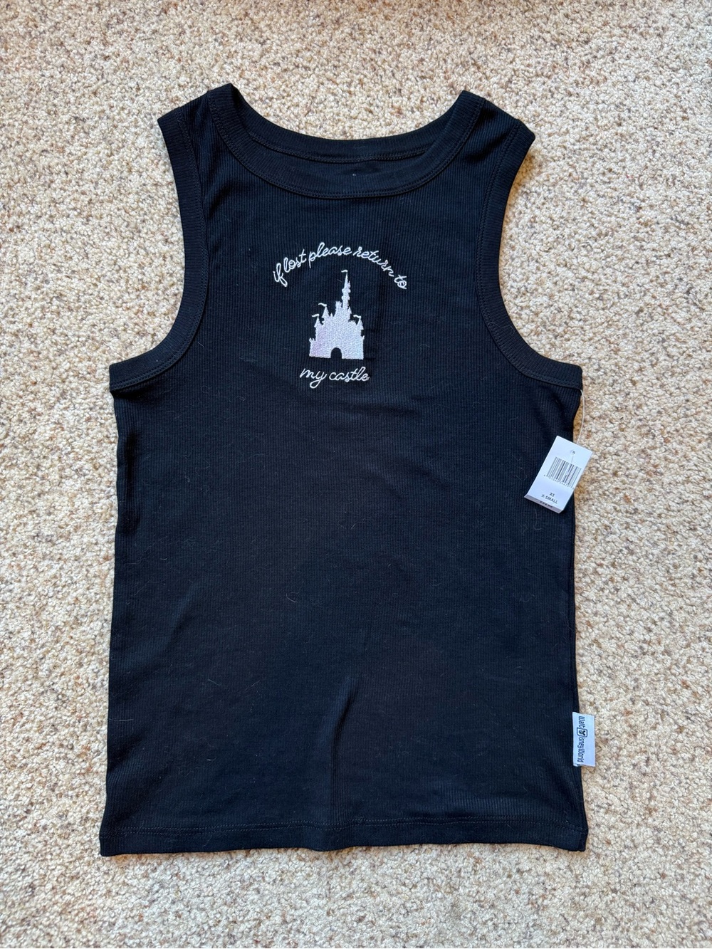 Disney Black Ribbed Tank Top with White Castle Embroidery